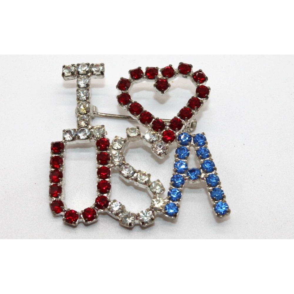 "I Love USA"‎ Crystal Rhinestone Brooch Pin Patriotic July 4th Independence Day